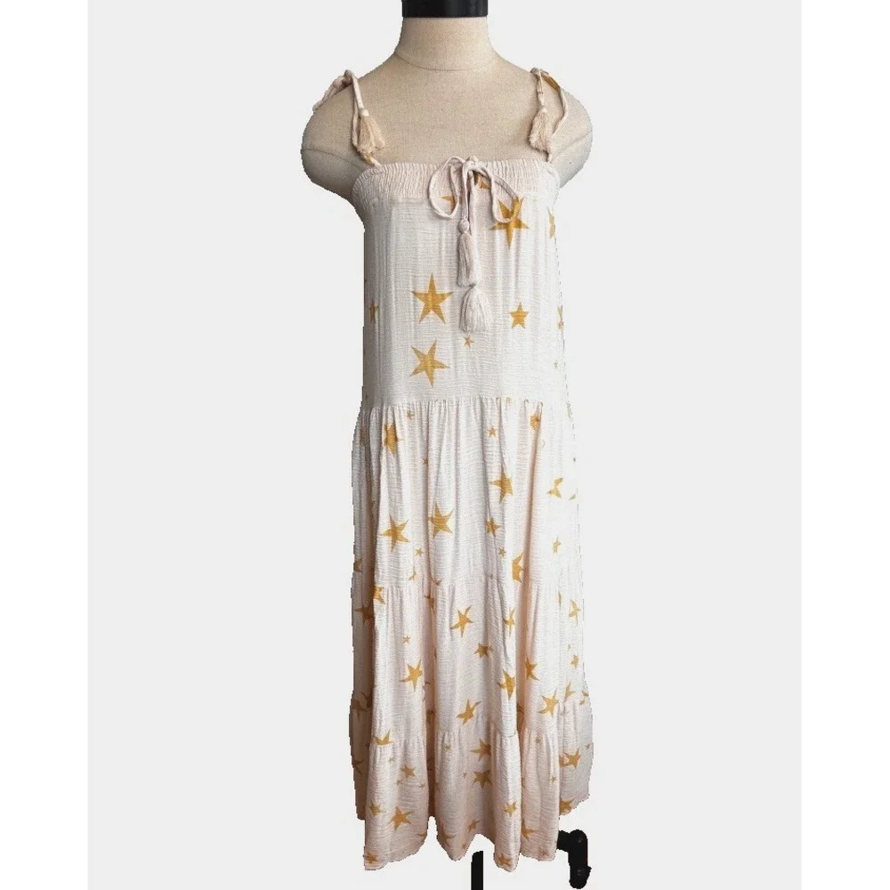 Storia Gold Star Midi Sun Dress Cream Tie Shoulder Smocked Tiered XS Guaze